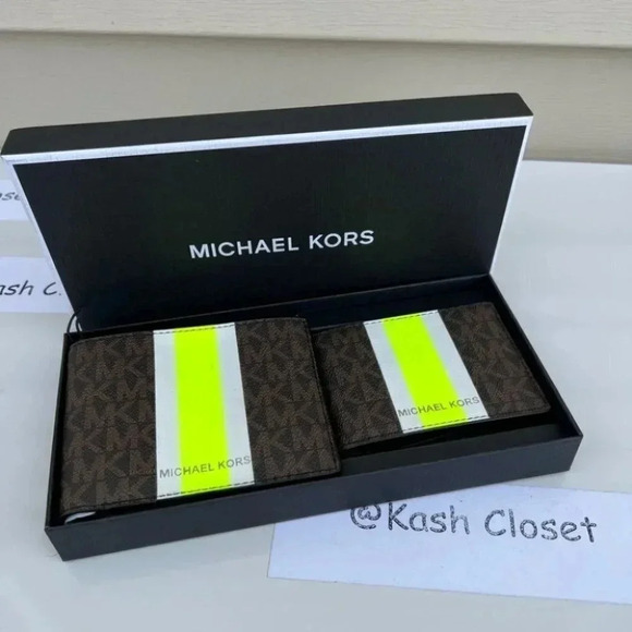 Michael kors Men Wallet Card Case Gift box set Brown/Neon - Picture 1 of 6